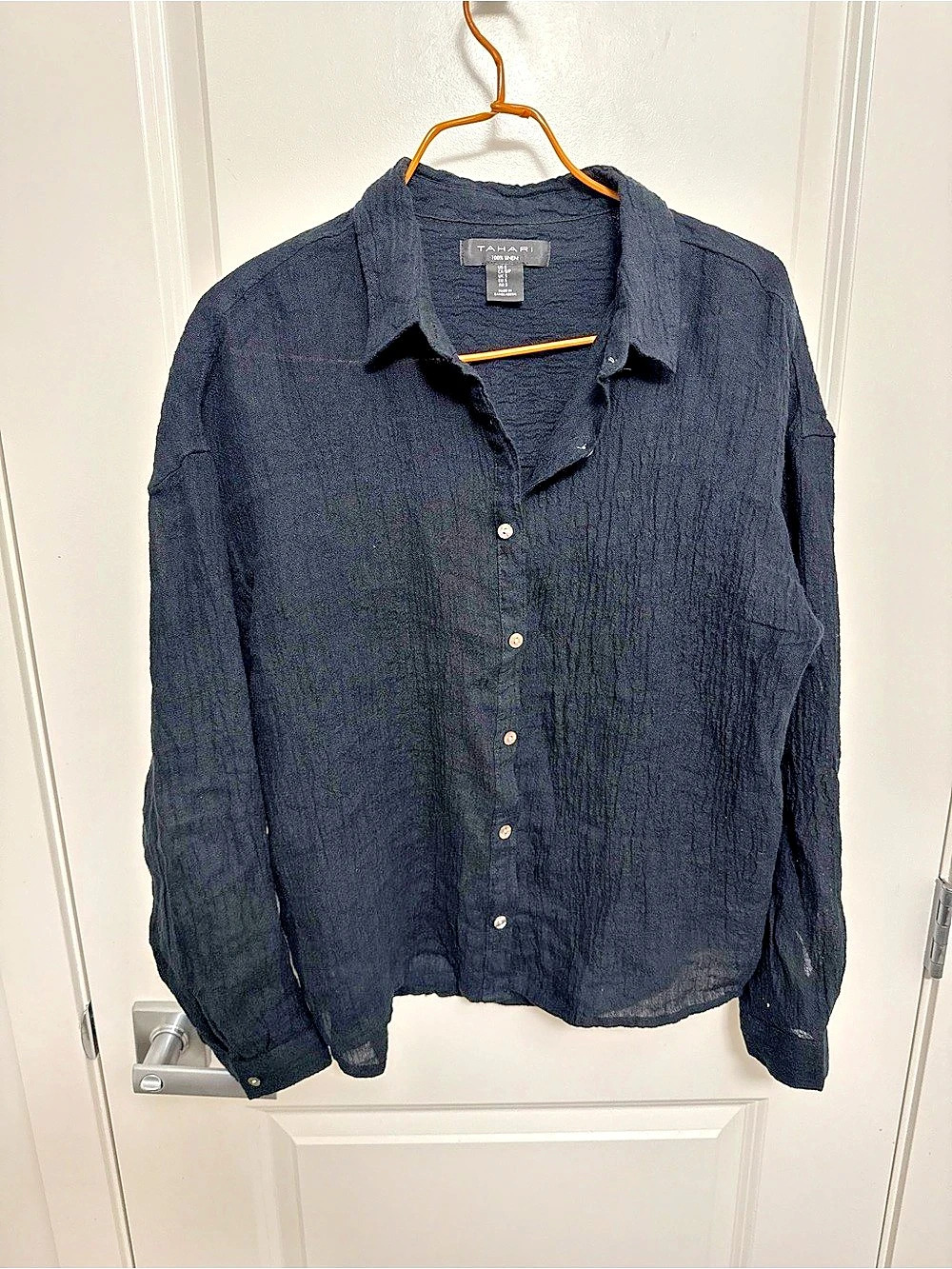 Tahari 100% Linen Button Down Shirt Black in size S